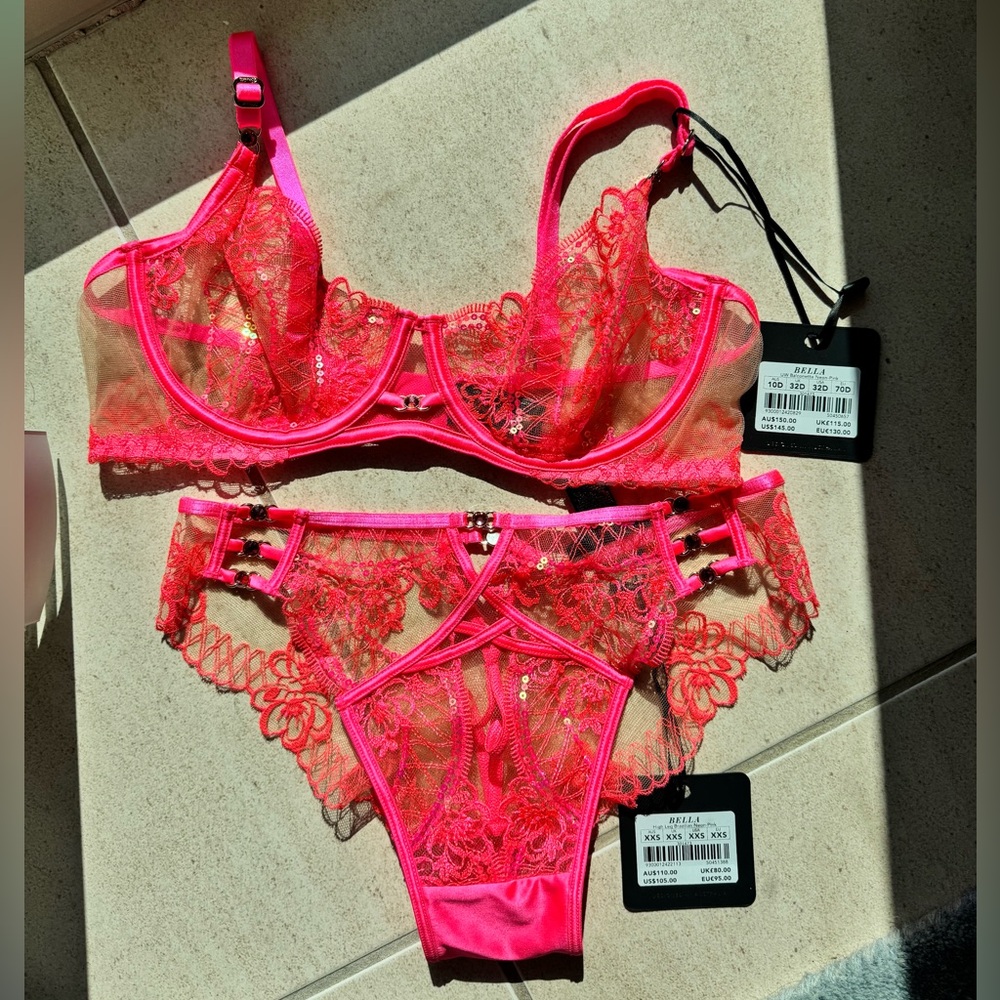 Honey Birdette neon pink Bella bra panties 32D XXS